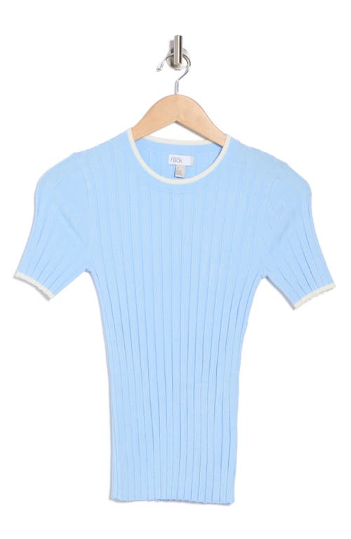 Nordstrom Rack Tipped Short Sleeve Ribbed Sweater In Blue Thread- Ivory Tipping