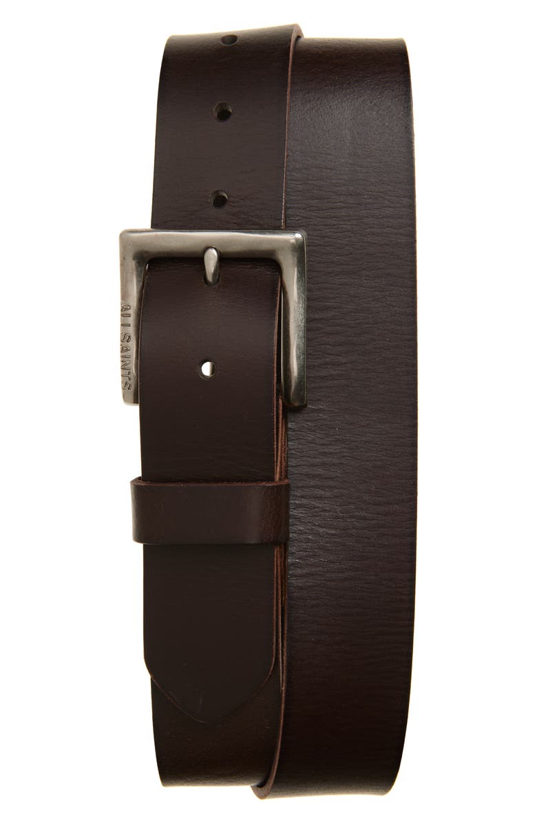 AllSaints Embossed Buckle Leather Belt, Main, color, Bitter Brown