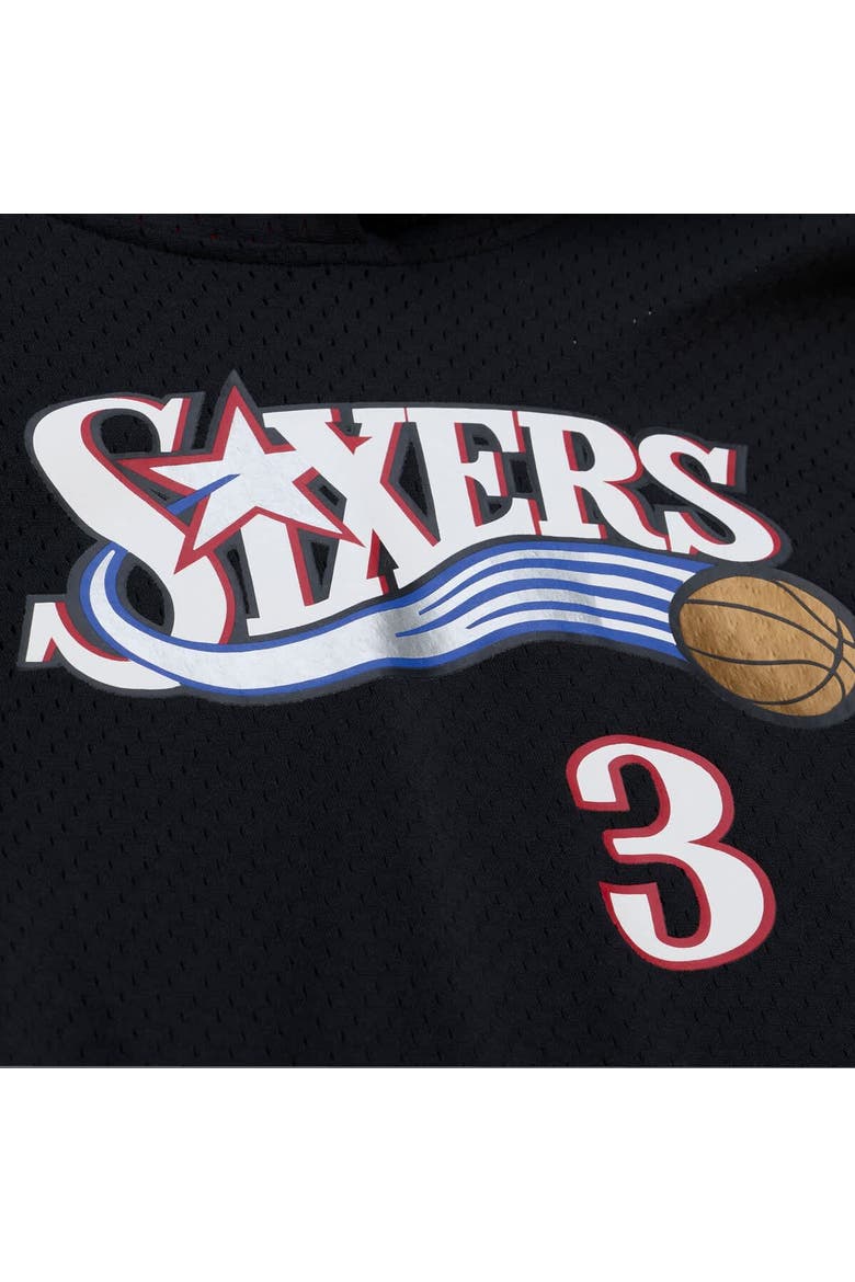 Men's Mitchell & Ness Allen Iverson Black Philadelphia 76ers Mesh Name & Number Short Sleeve Hoodie, Alternate, color, Black