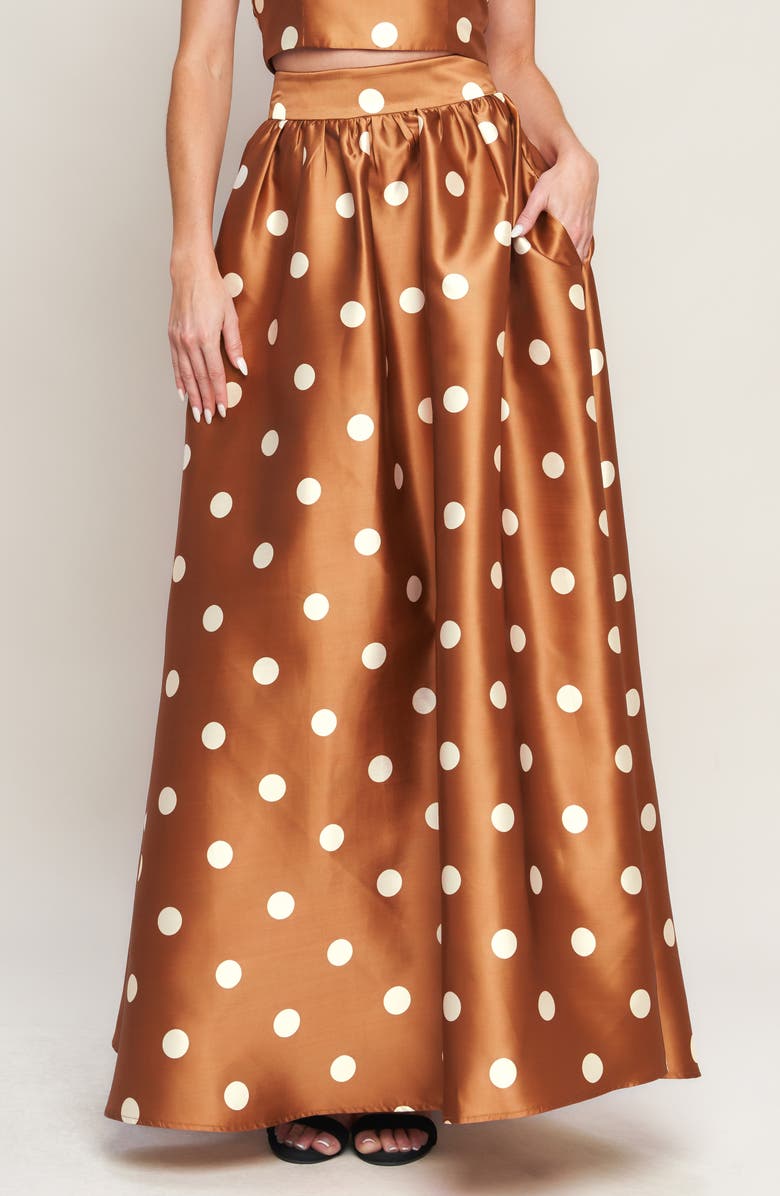FLYING TOMATO Polka Dot Satin Maxi Skirt, Main, color, Caramel