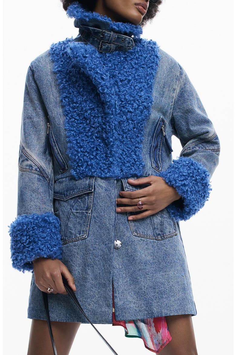 Denim & Faux Shearling Coat, Main, color, DENIM