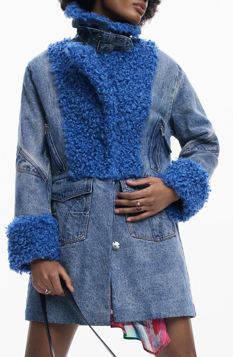 Desigual Denim & Faux Shearling Coat, Main, color, 