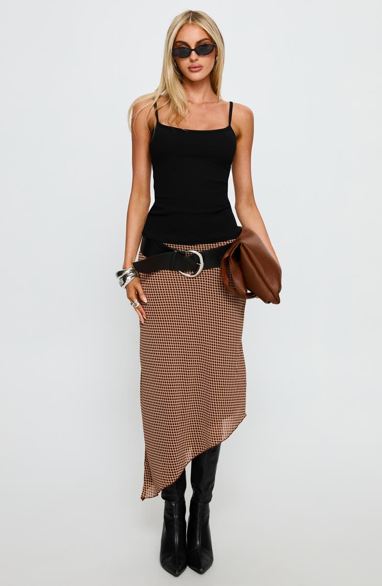 Princess Polly Suella Polka Dot Asymmetric Midi Skirt, Alternate, color, Brown Polka Dot