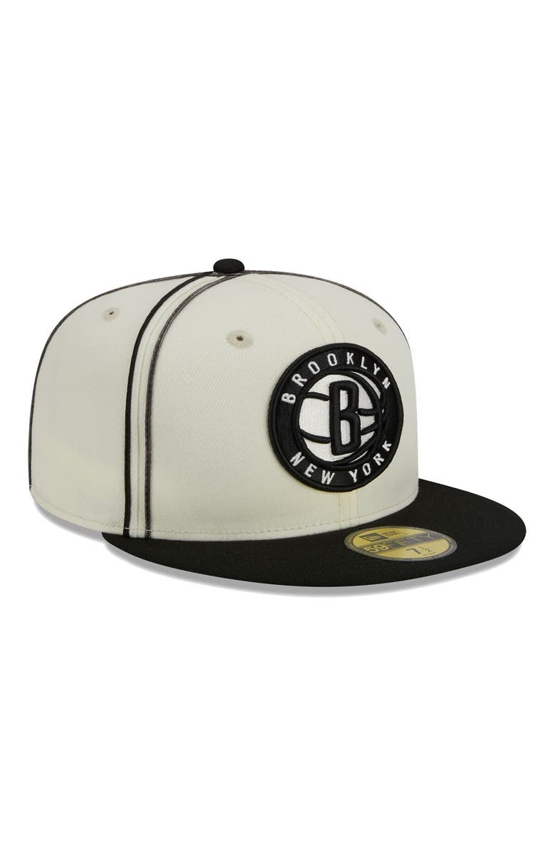 New Era Men's New Era Cream/Black Brooklyn Nets Piping 2-Tone 59FIFTY Fitted Hat, Alternate, color, Cream