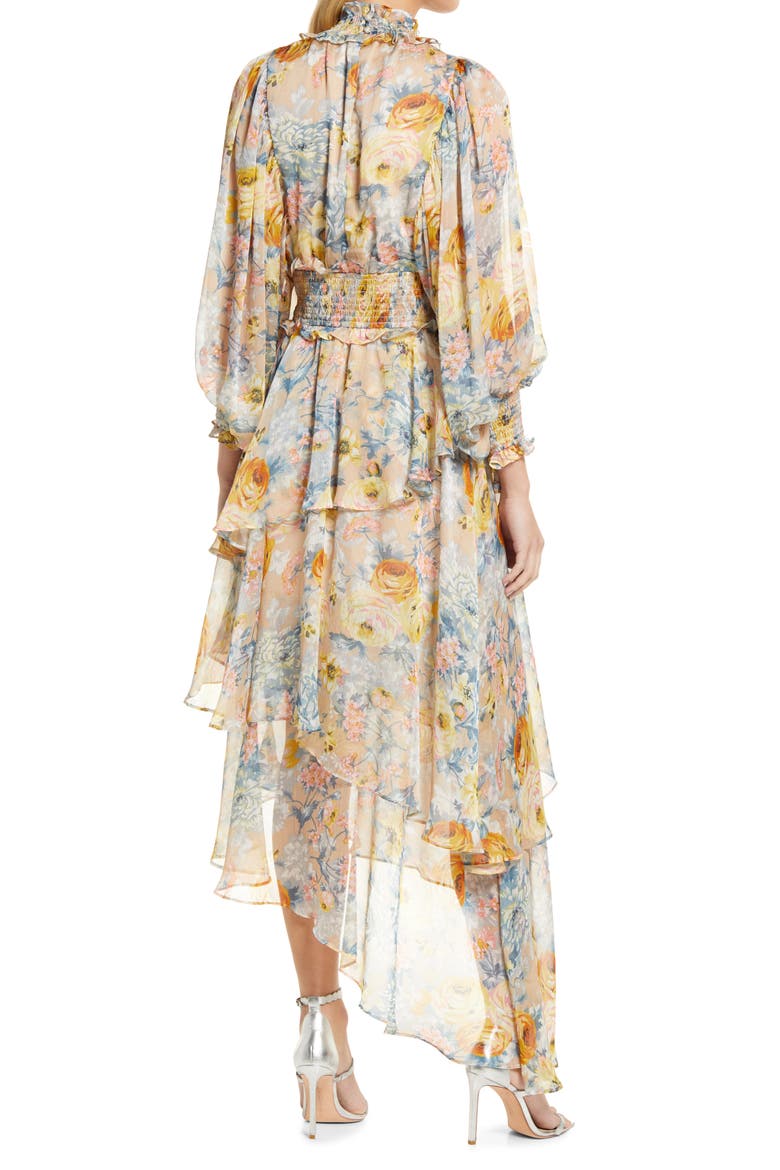 Astrid Floral Print Long Sleeve Asymmetric Chiffon Dress, Alternate, color, BEIGE MULTI