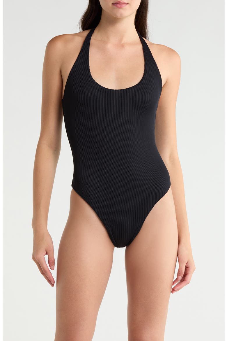 Scoop Neck Halter Cheeky One-Piece Swimsuit, Main, color, PITCH BLACK