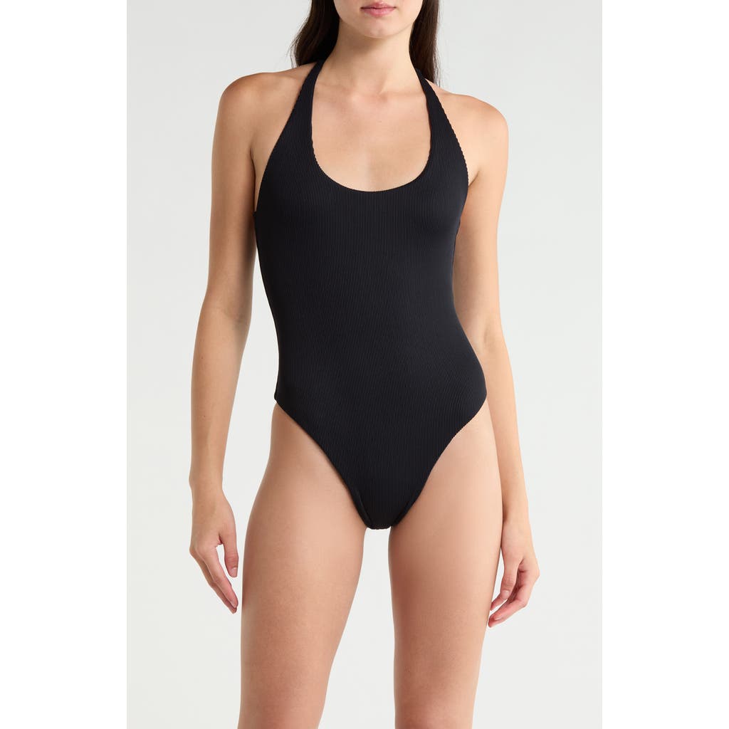 Kulani Kinis Scoop Neck Halter Cheeky One-Piece Swimsuit in Pitch Black at Nordstrom, Size X-Large