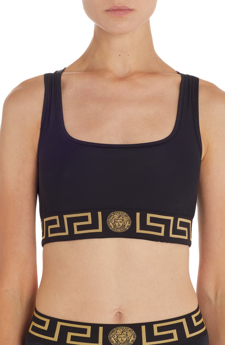 Versace La Greca Trim Sports Bra, Main, color, 
