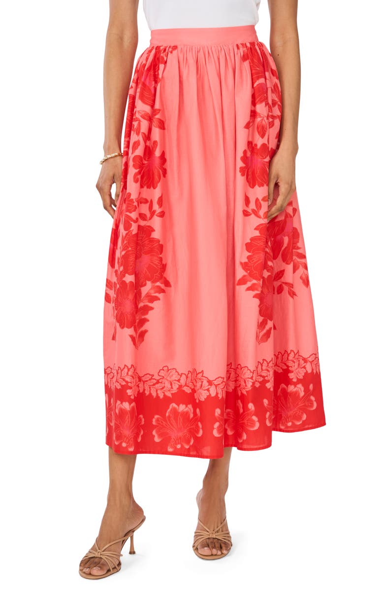 Vince Camuto Placed Floral Cotton Skirt, Main, color, Lobster Red