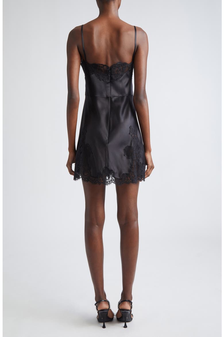 Lace Trim Stretch Satin Minidress, Alternate, color, NERO