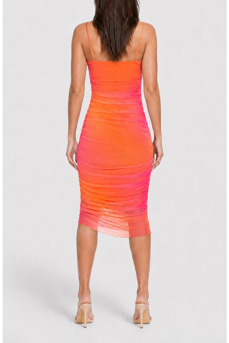 Printed Mesh Shirred Midi Dress, Alternate, color, ORANGE/ FUSHIA