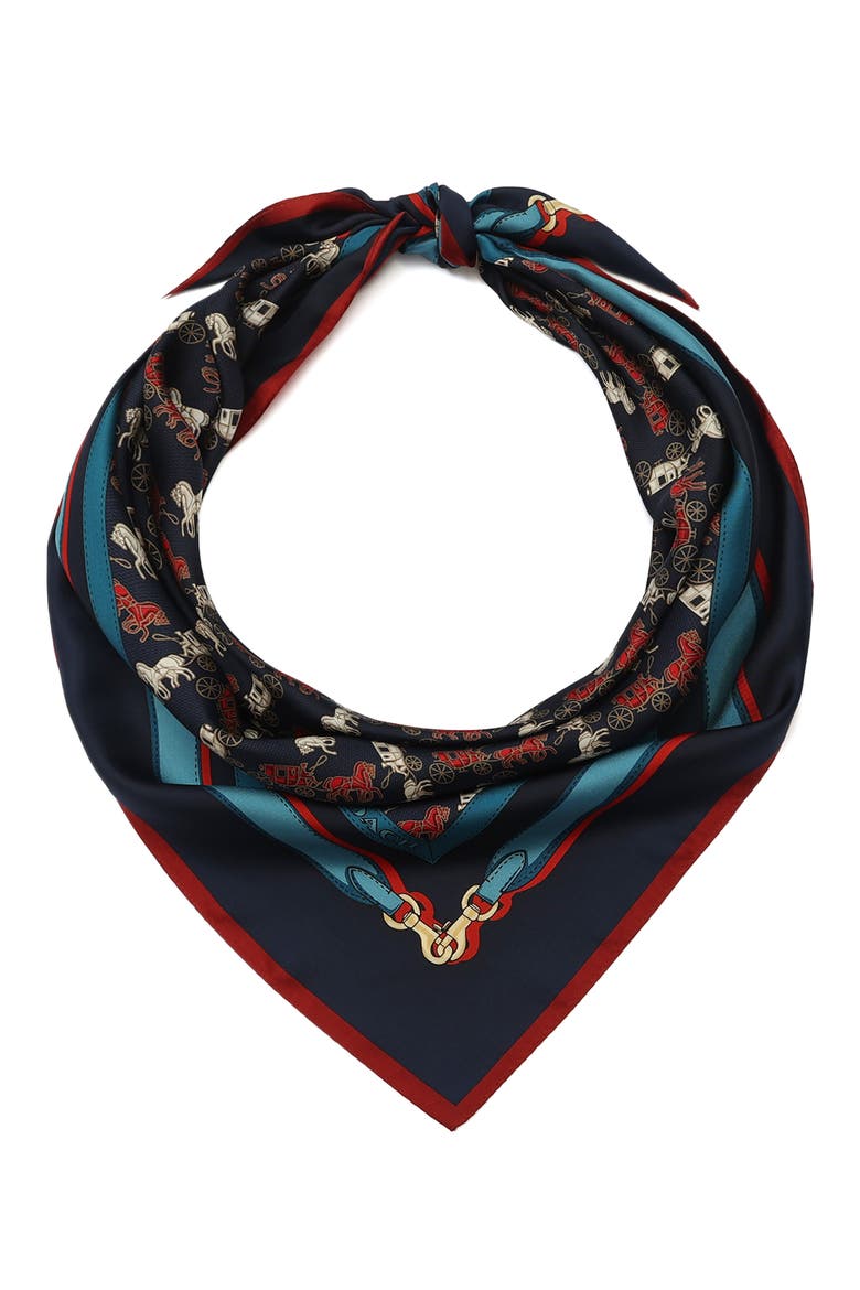 Horse & Carriage Print Silk Square Scarf, Alternate, color, NAVY