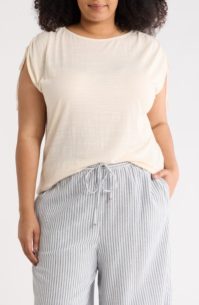MAX STUDIO Ruched Shoulder Crinkle Knit Top, Main, color, Eggshell