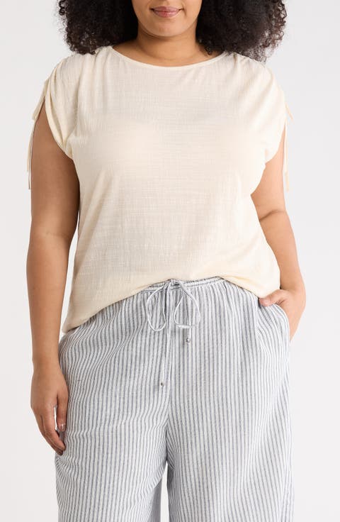 Ruched Shoulder Crinkle Knit Top