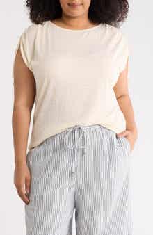 MAX STUDIO Ruched Shoulder Crinkle Knit Top