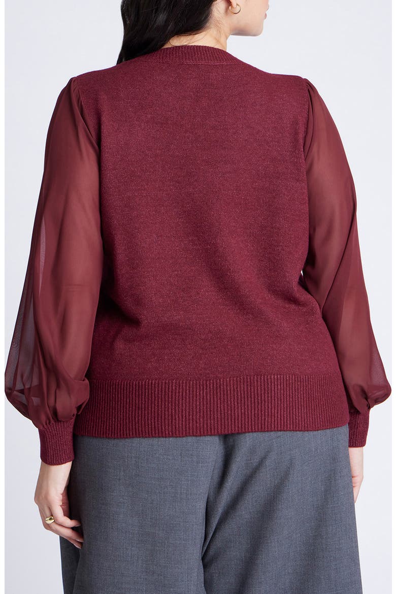 Sheer Sleeve V-Neck Sweater, Alternate, color, BORDEAUX