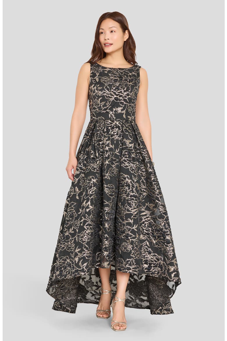 Metallic Floral Jacquard High Low Gown, Alternate, color, BLACK SILVER
