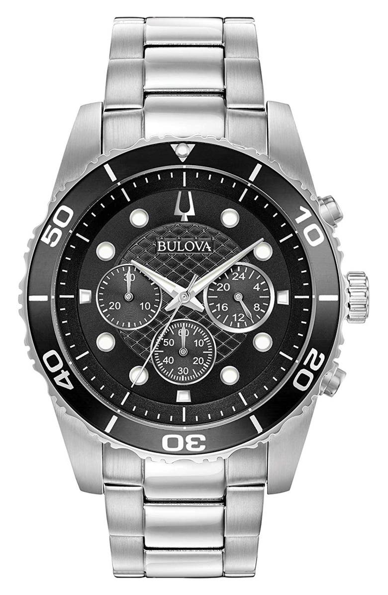 BULOVA Bracelet Strap Chronograph Watch, 43mm, Main, color, Silver