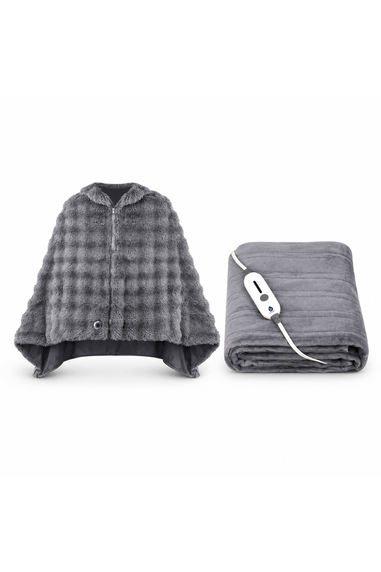 Electric Plush Heated Poncho Shawl + Electric Soft Microplush Heated Blanket Throw, Main, color, Grey