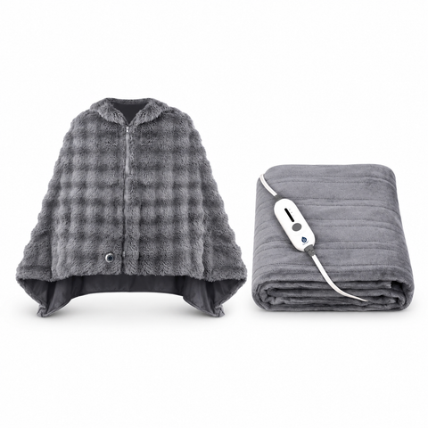 Electric Plush Heated Poncho Shawl + Electric Soft Microplush Heated Blanket Throw