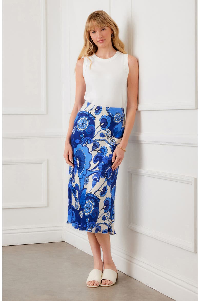 Floral Print Bias Cut Midi Skirt, Alternate, color, BLUE
