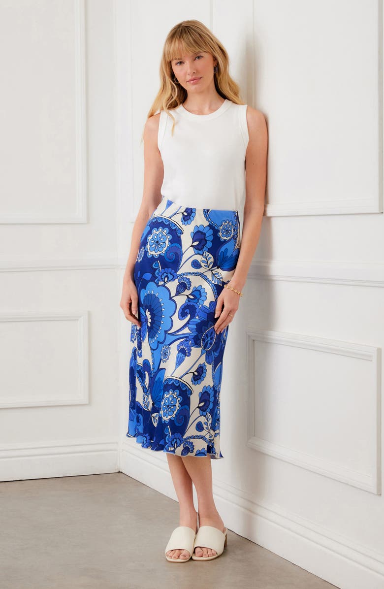 Karen Kane Floral Print Bias Cut Midi Skirt, Alternate, color, Blue