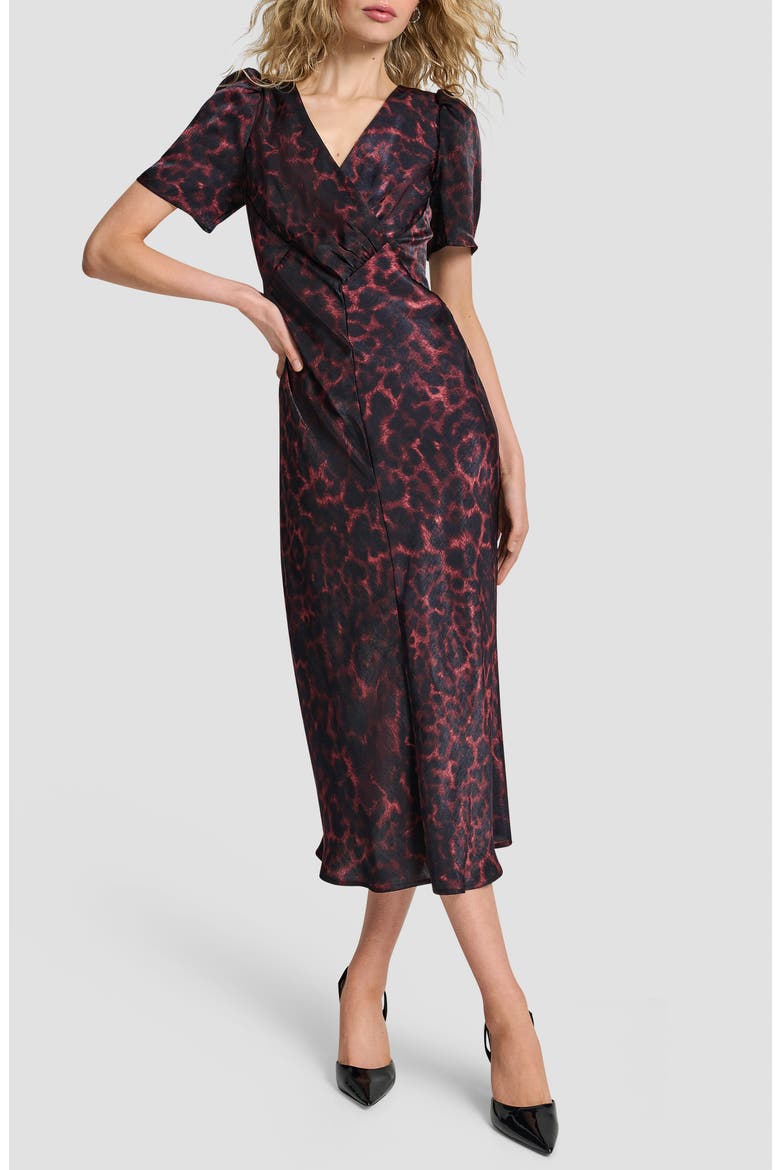 Print Puff Sleeve Satin Midi Dress, Main, color, MERLOT CHEETAH