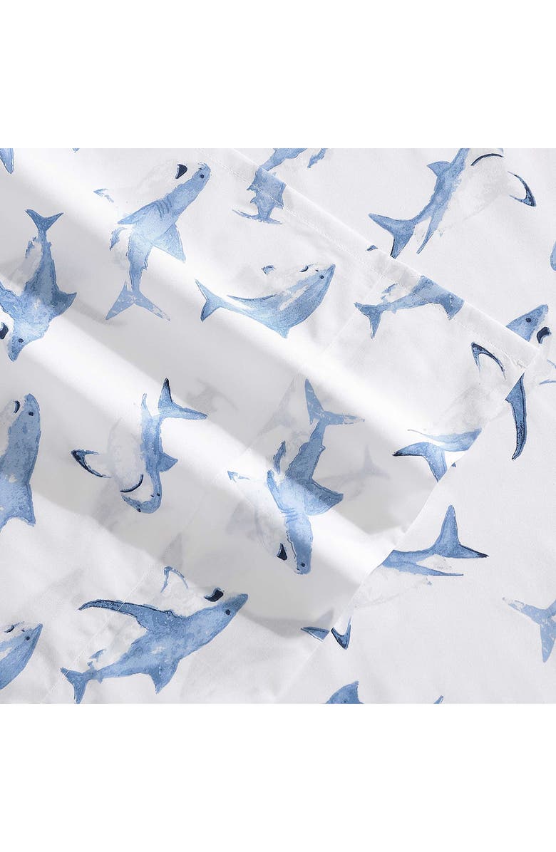 POPPY AND FRITZ Shark Attack 200 Thread Count Cotton Percale Sheet Set, Alternate, color, Blue