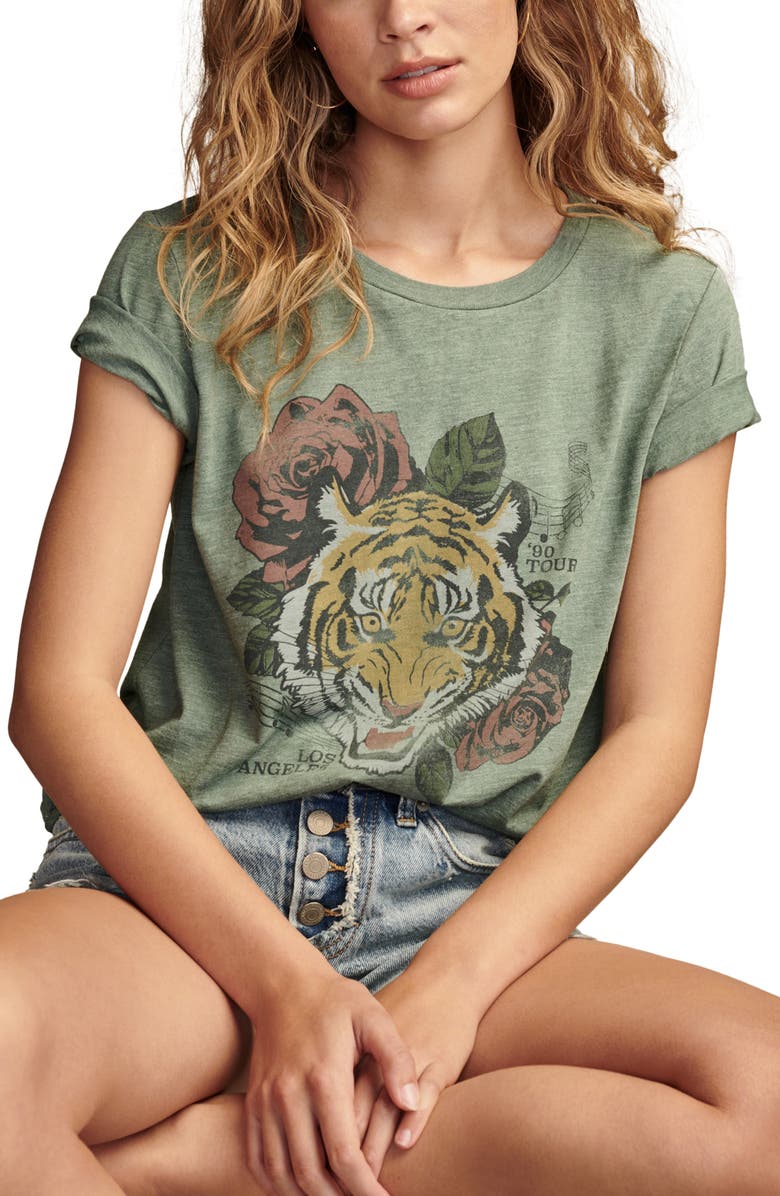 Lucky Brand Tiger Roses Tour '90 Classic Crewneck Graphic T-Shirt, Alternate, color,