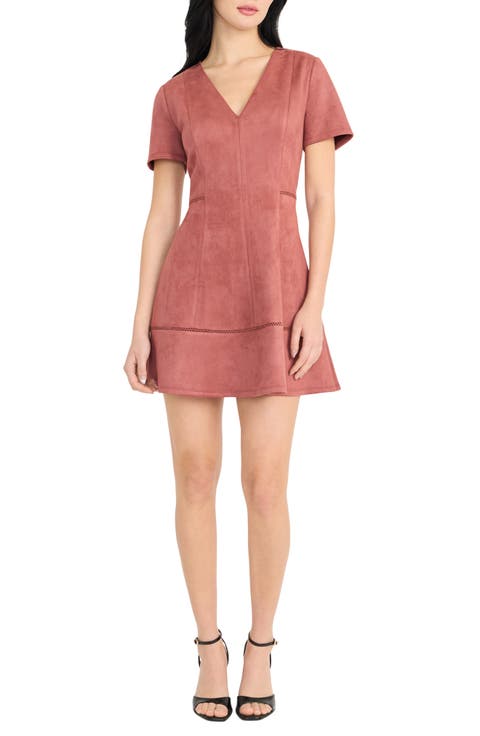 Short Sleeve Faux Suede Fit & Flare Minidress