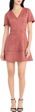 DONNA MORGAN FOR MAGGY Short Sleeve Faux Suede Fit & Flare Minidress