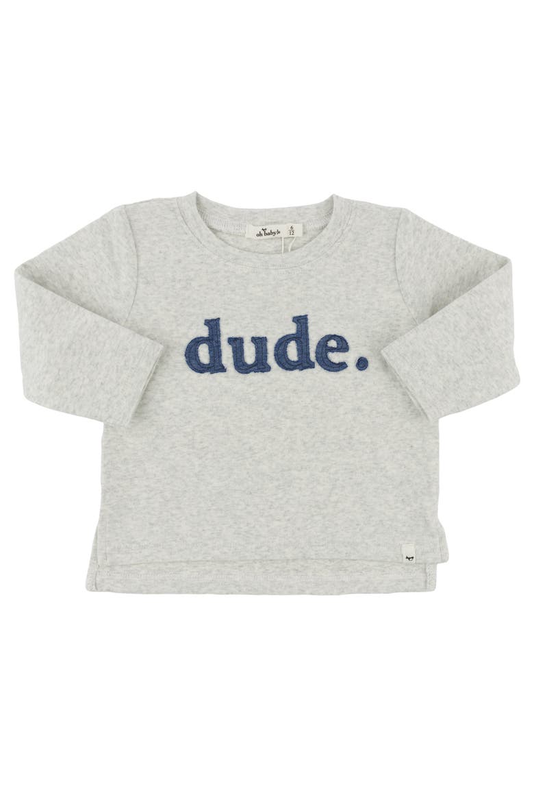 "Dude" Denim Applique Raw Edge Baby Rib L/S Tee- Infant, Main, color, Heather Grey