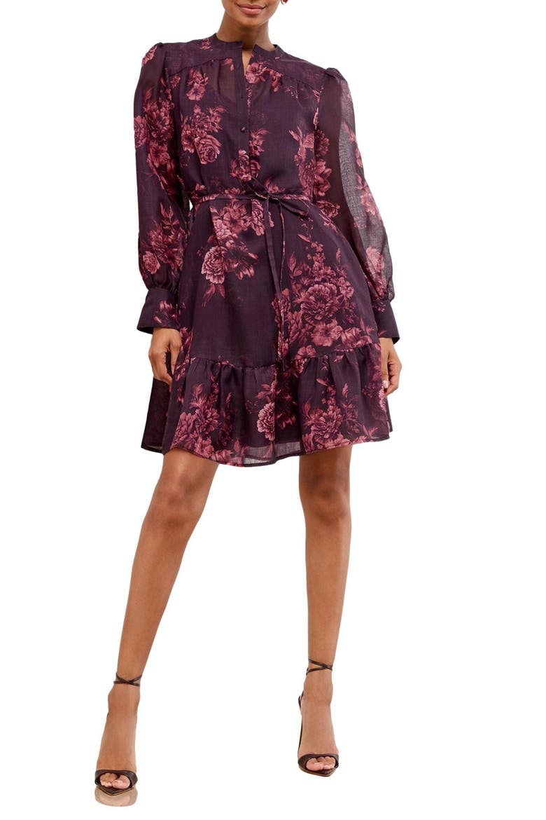 Rose Tie Belt Long Sleeve Minidress, Main, color, PINK MULTI