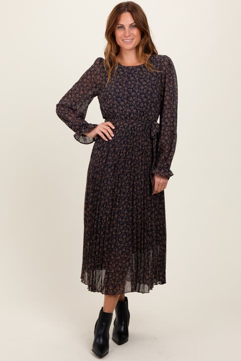 Floral Front Tie Pleated Midi Dress