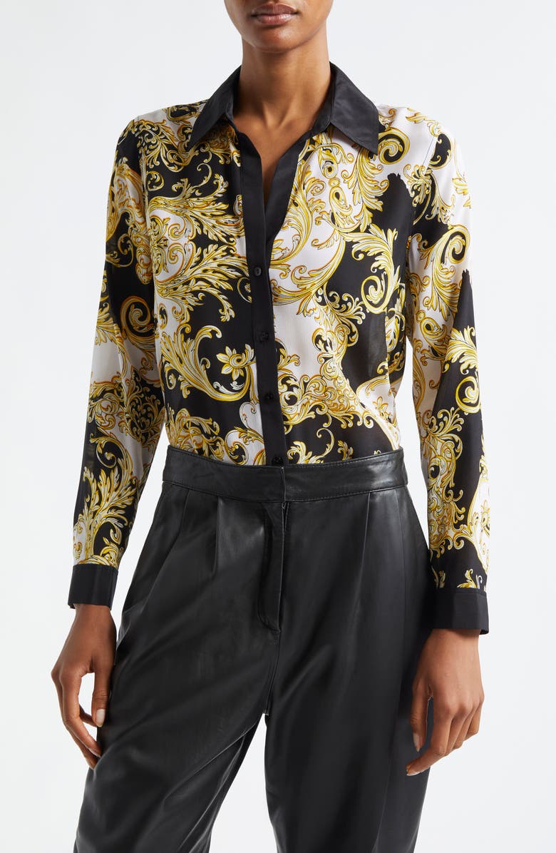L'AGENCE Gio Scroll Print Silk Button-Up Shirt, Main, color, Black/ Gold Baroque