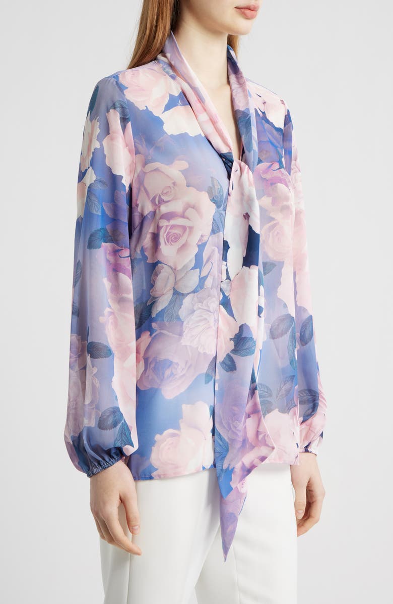 Tahari ASL Bow Neck Top, Alternate, color, Blue Petal Floral