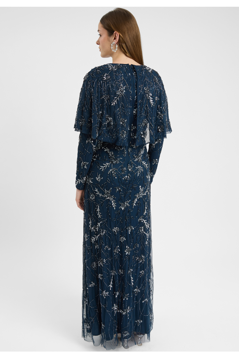 Modest Embellished Sequin Beaded Dress Maxi With Attacehd Cape, Alternate, color, NAVY