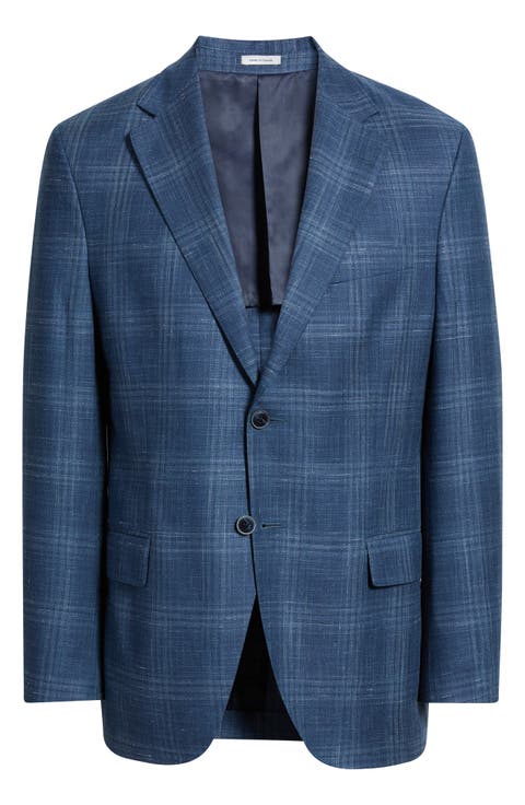 Hyperlight Soft Blue Plaid Slub Wool & Silk Blend Sport Coat (Regular & Big)
