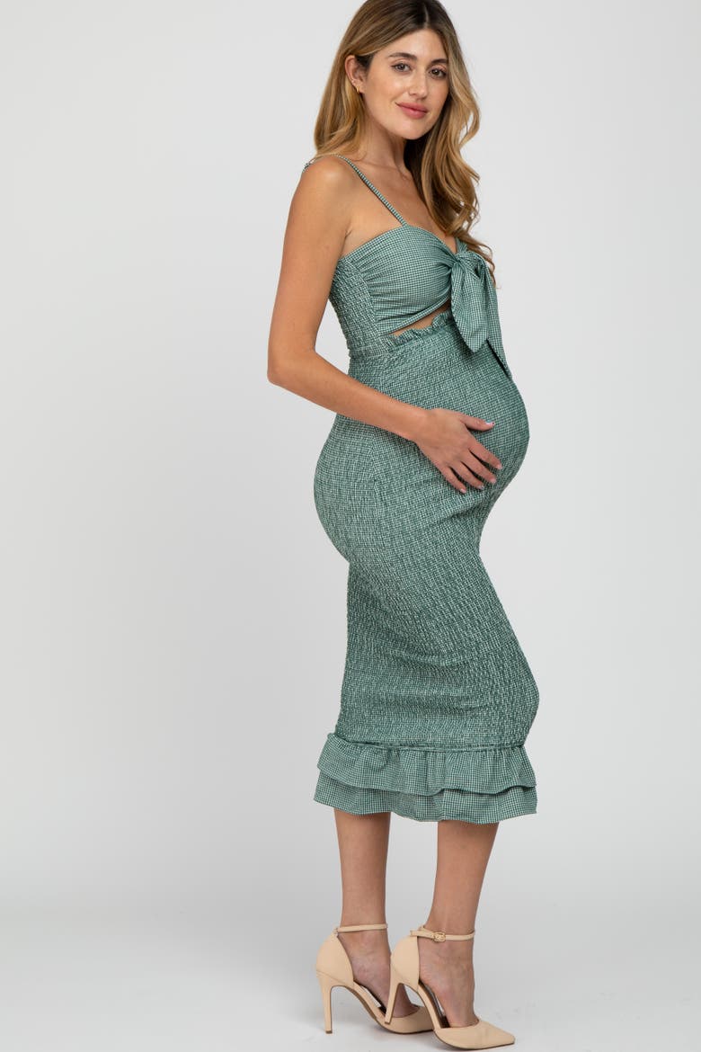 Gingham Print Smocked Fitted Self-Tie Midi Dress, Alternate, color, Green