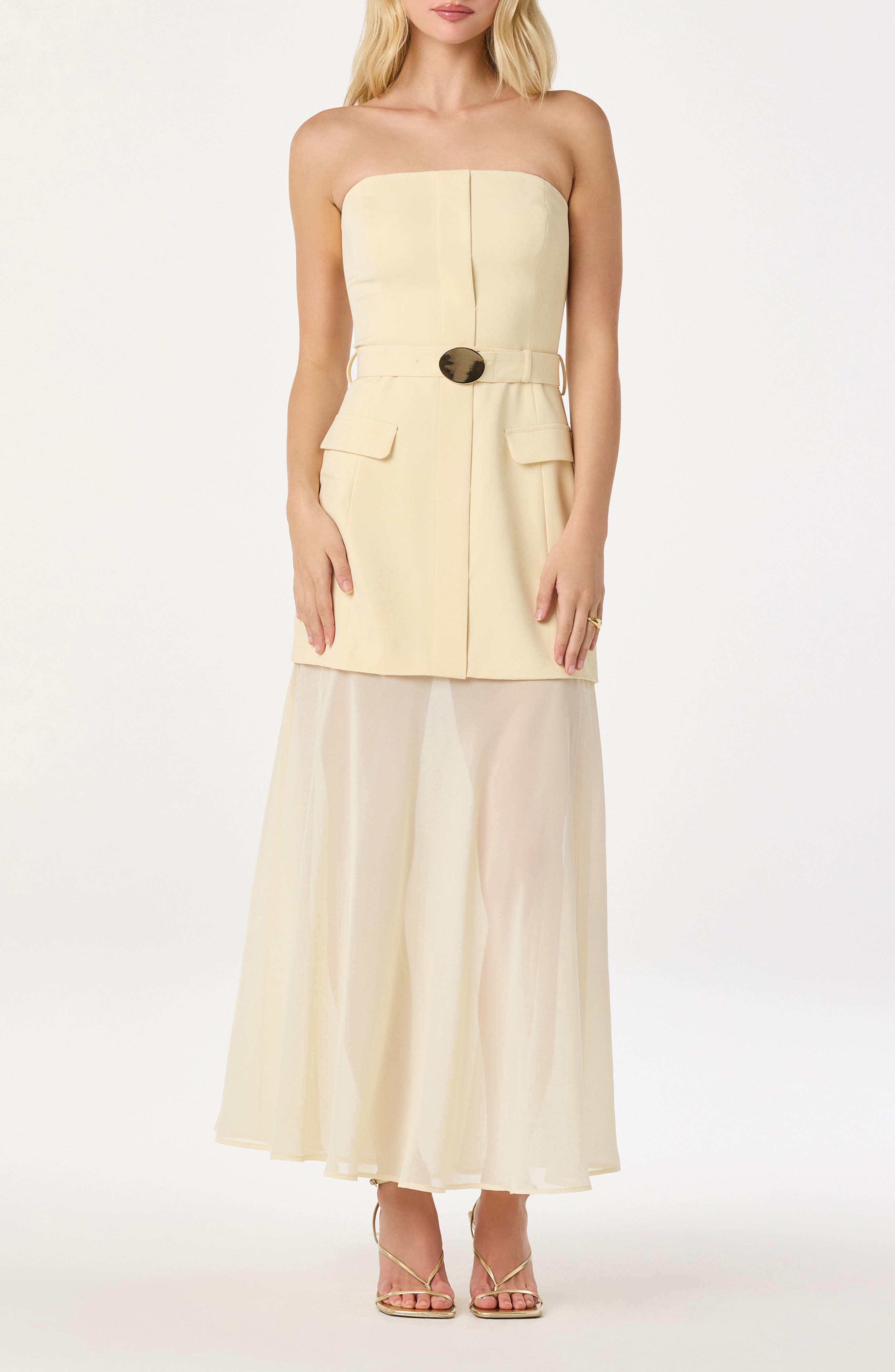 ASTR the Label Strapless Mixed Media Belted Midi Dress