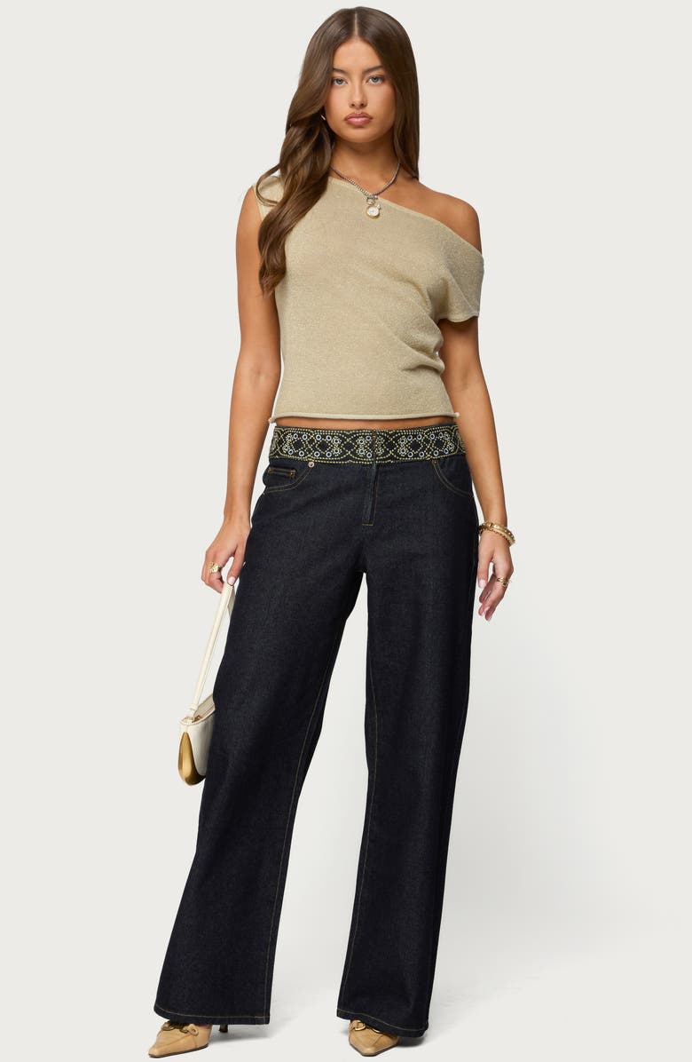 EDIKTED Carlie Beaded Embroidered Low Rise Wide Leg Jeans, Alternate, color, 