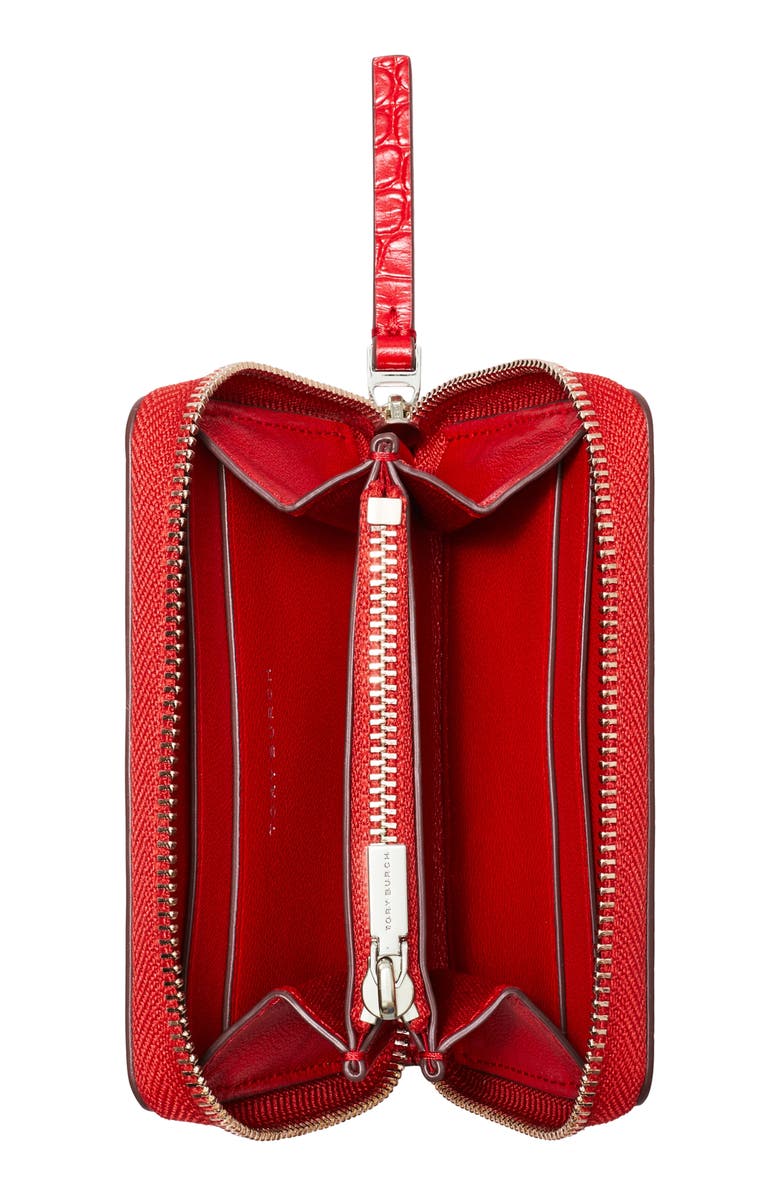 Tory Burch Small Kira Croc Texture Leather Zip Wallet, Alternate, color, Red Sky