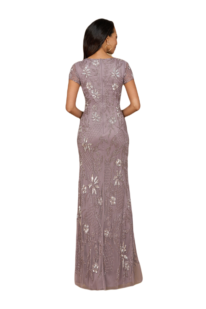 V-Neck, Short Sleeve Beaded Gown, Alternate, color, Amethyst