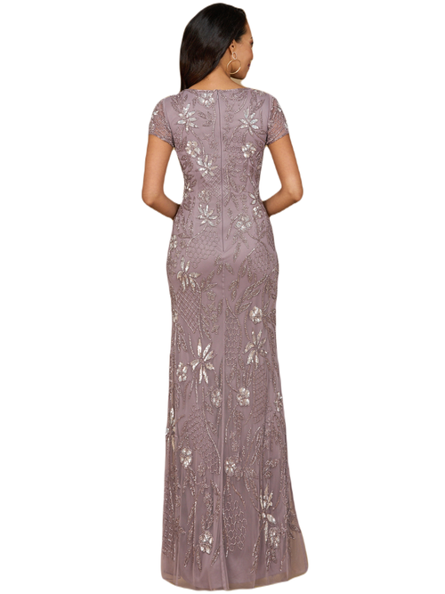 Lara New York V-neck, Short Sleeve Beaded Gown In Amethyst