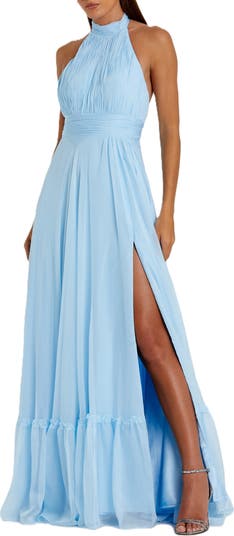 【Mac Duggal】ブルー ティアード ラッフルスクープネックドレス Mac Duggal High Neck Tiered Chiffon Halter Gown | Nordstrom