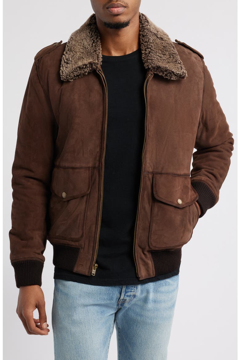 Suede Flight Jacket with Genuine Shearling Collar, Main, color, DARK BROWN