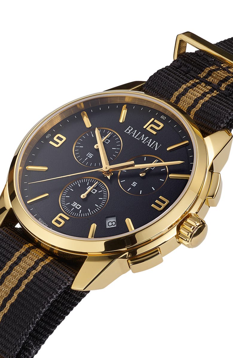 BALMAIN WATCHES Madrigal Chronograph Fabric Strap Watch, 42mm, Alternate, color, Black Nato