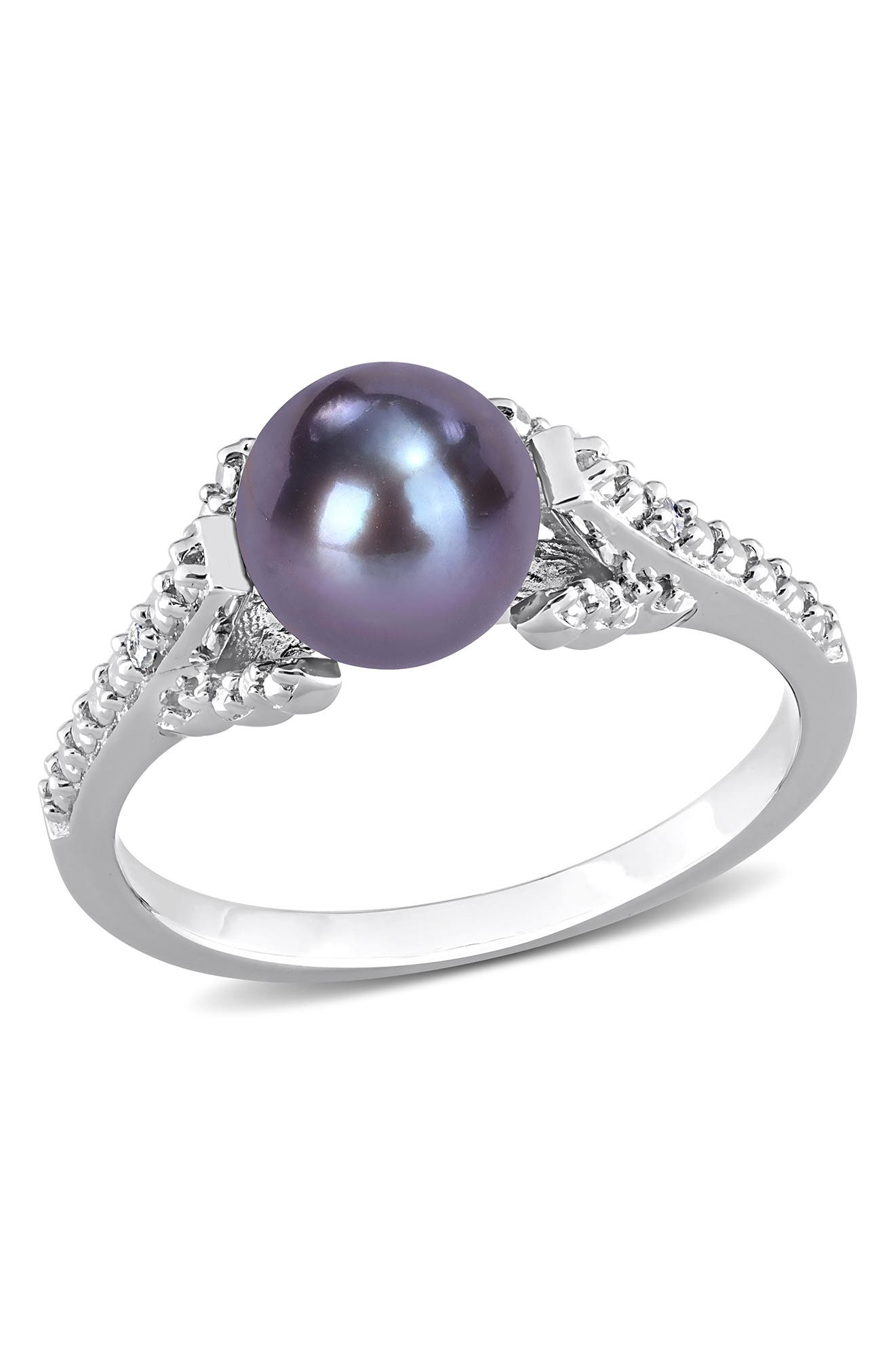 DELMAR Sterling Silver 7-7.5mm Black Cultured Freshwater Pearl & Diamond Ring - 0.02 ctw