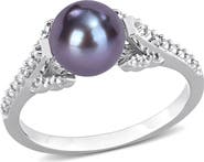 DELMAR Sterling Silver 7-7.5mm Black Cultured Freshwater Pearl & Diamond Ring - 0.02 ctw