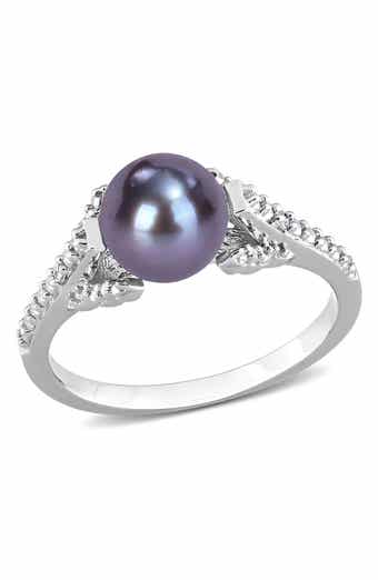 Sterling Silver 7-7.5mm Black Cultured Freshwater Pearl & Diamond Ring - 0.02 ctw